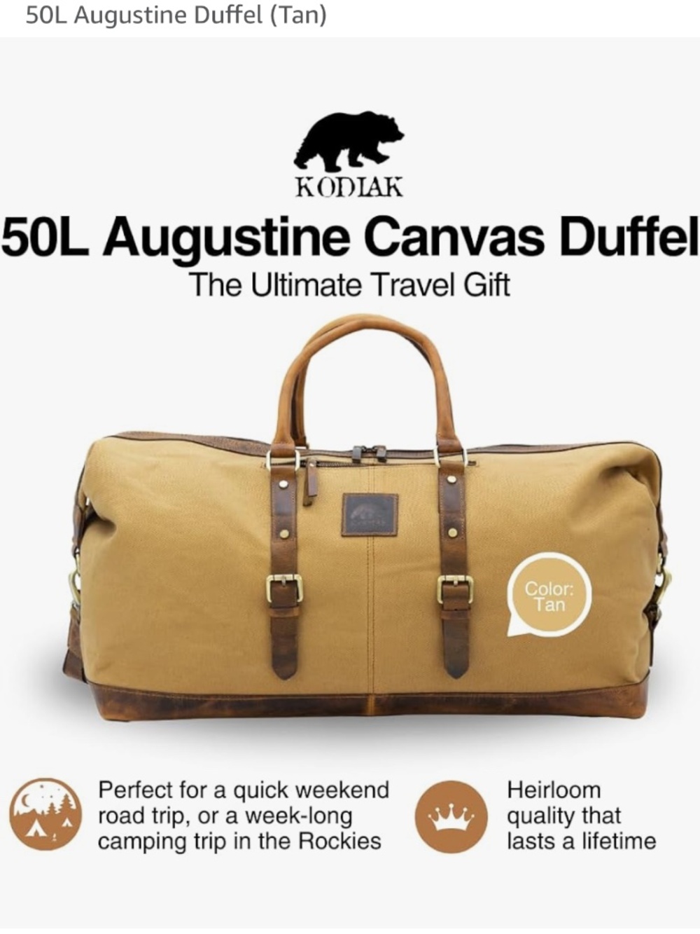Kodiak Tan Canvas Duffel with Brown Leather Trim